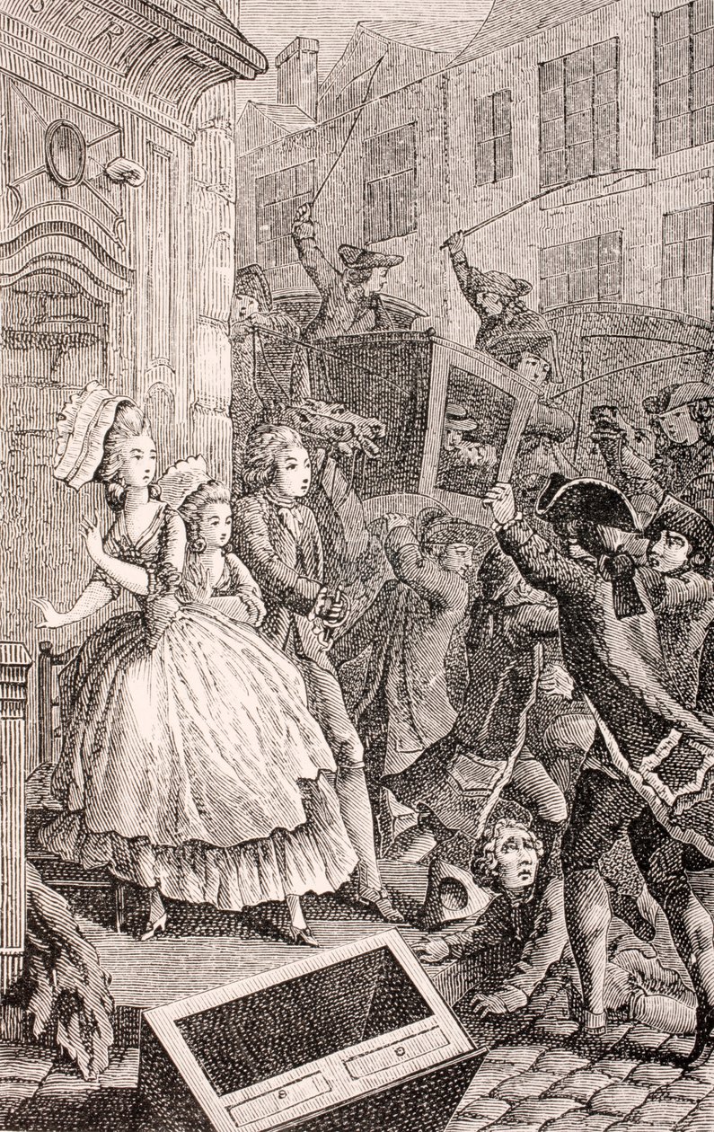 Et gadeslagsmål i Paris i det 18. århundrede, fra "XVIII Siecle Institutions, Usages et Costumes", udgivet i 1875 af French School