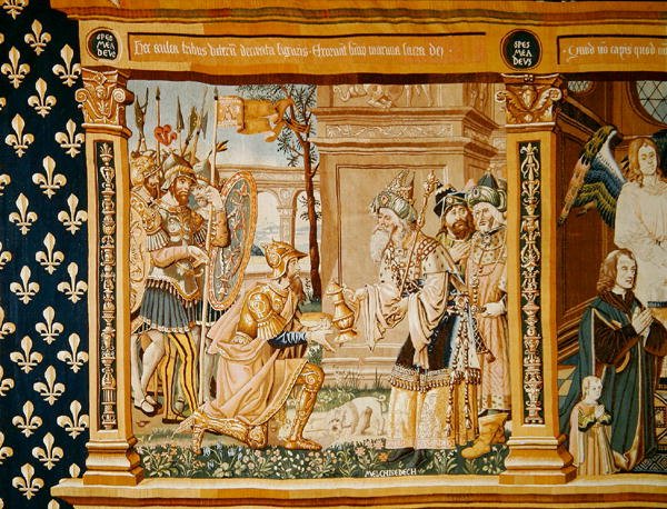 Abraham modtager brød og vin fra Melkisedek, detalje fra et gobelin dedikeret til eukaristien, 1510 af French School