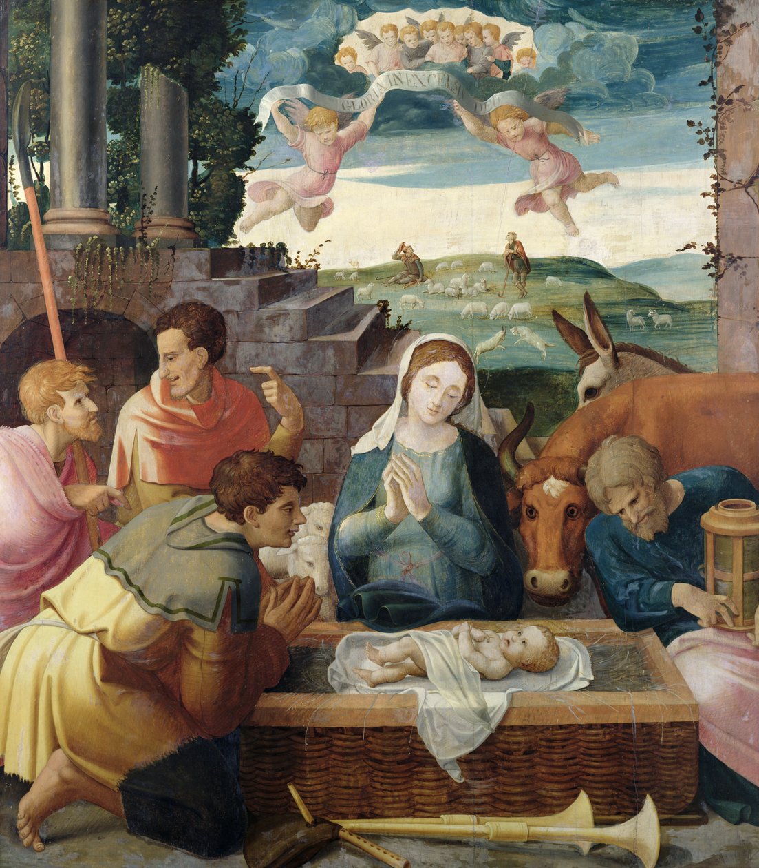 Tilbedelse af hyrderne, Champagne-skolen, ca.1520-30 af French School
