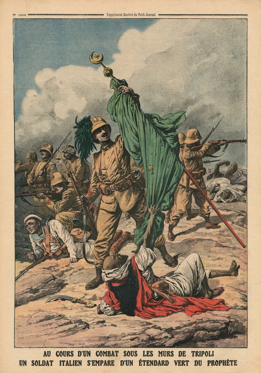 En italiensk soldat griber profeten Muhammeds grønne standard, illustration fra 