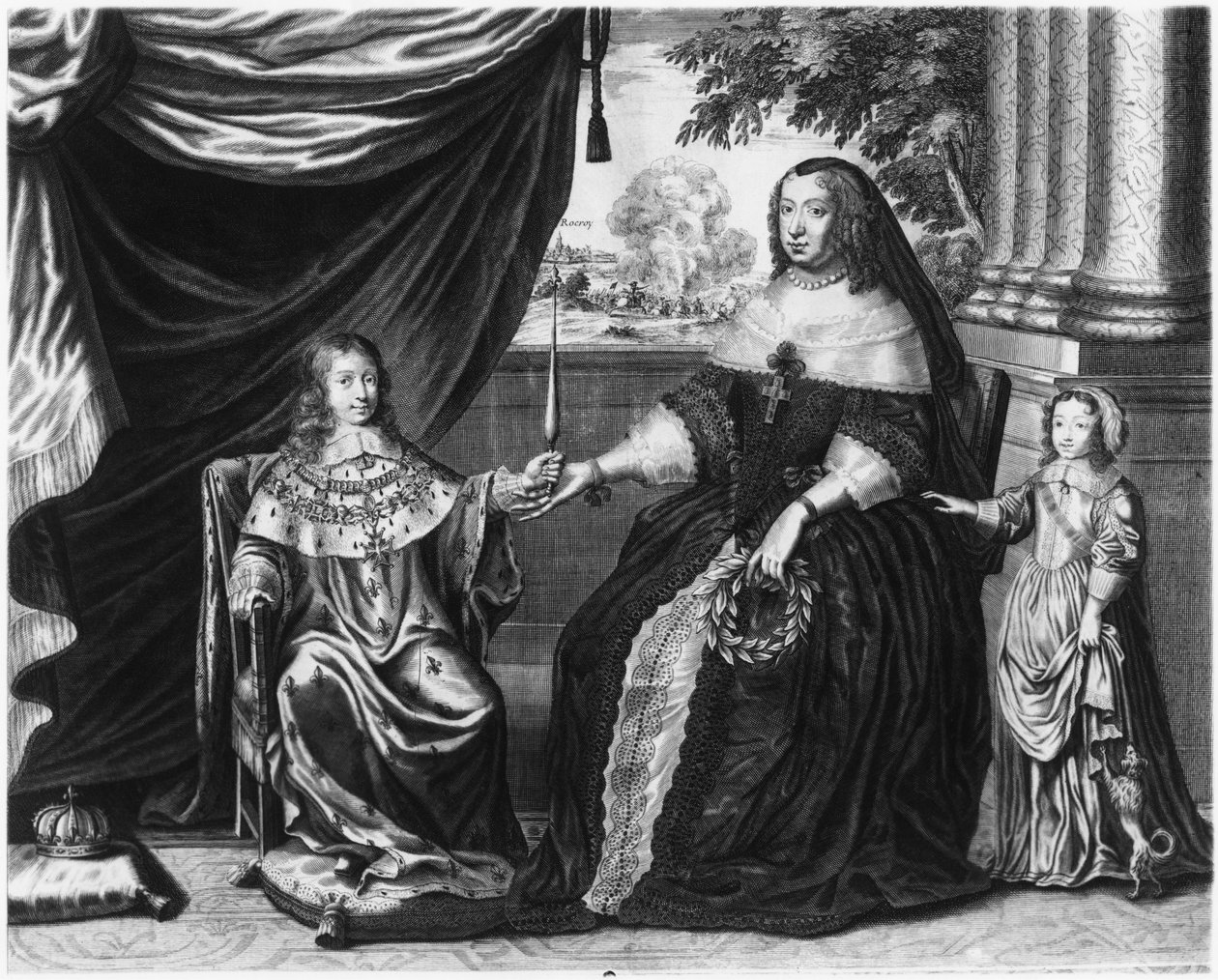 Anne af Østrig, dronning af Frankrig og Navarra, og hendes sønner, Dauphin Louis af Frankrig, fremtidige Ludvig XIV, og Philippe I, hertug af Orleans, 1643 af French School