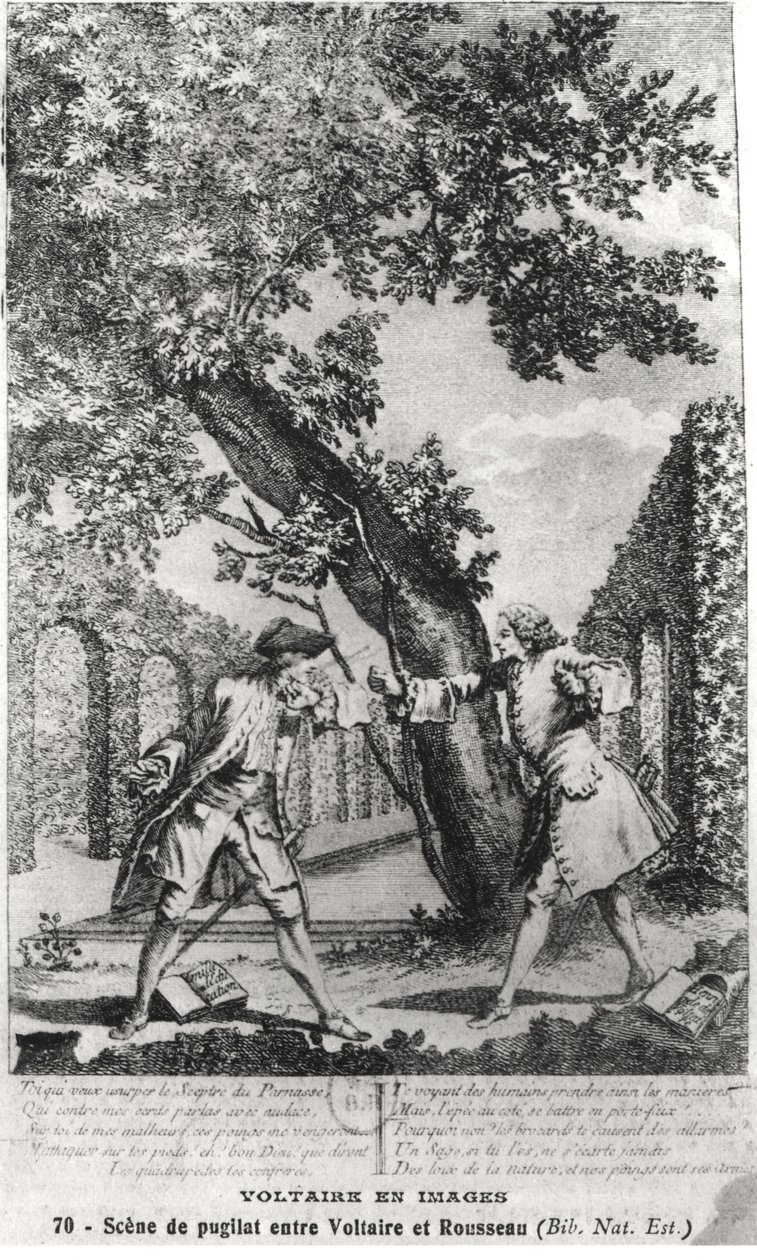 Argument mellem Jean-Jacques Rousseau (1712-78) og Voltaire (1694-1778) af French School