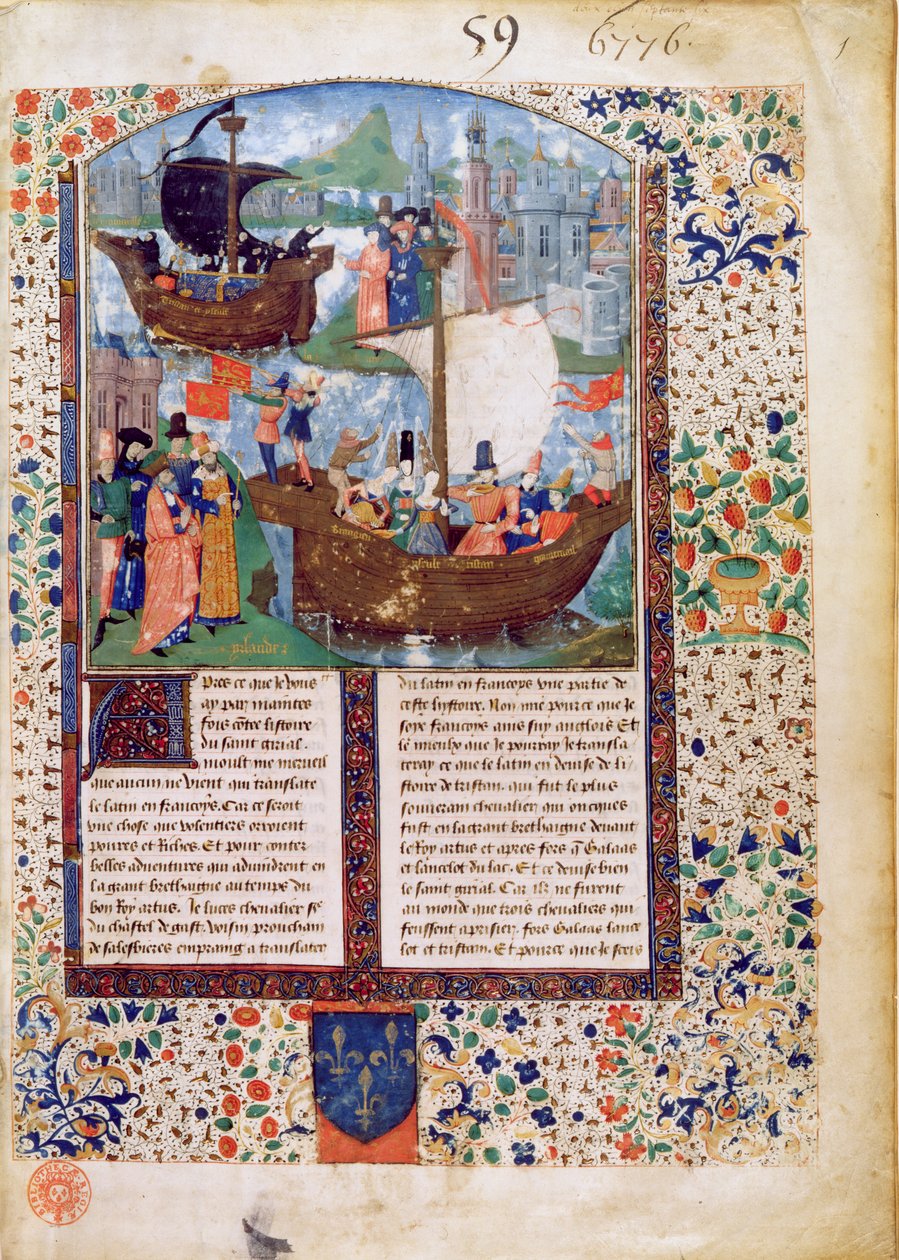 B.N.Ms. Fr 103 f.1 Tristan og Iseult forlader Irland; Tristan drikker eliksiren; ligene af Tristan og Iseult bringes hjem til Irland, oversat af Luce de Gast af French School
