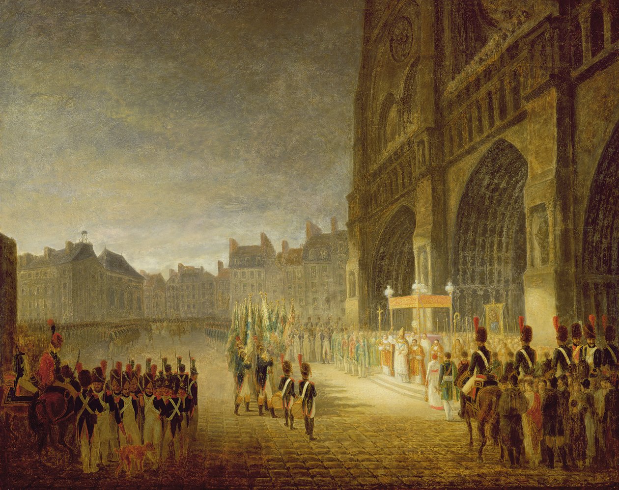 Velsignelse af flagene foran Notre-Dame i 1804 af French School