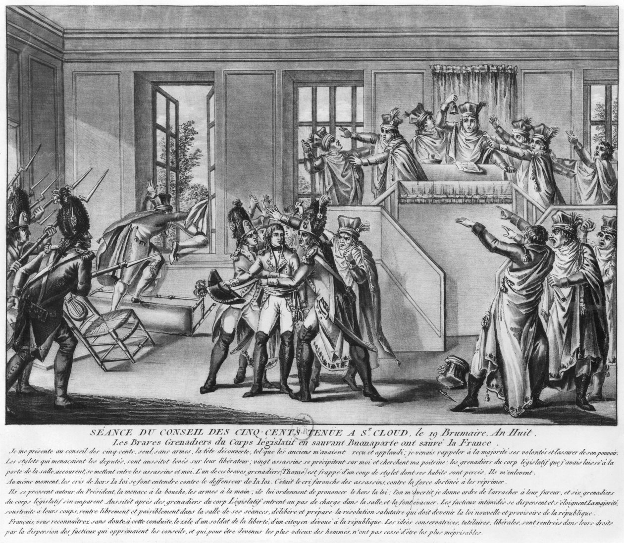 Bonaparte (1769-1821) beskyttet af to grenaderer under sessionen i St.Cloud, 19 brumaire an 8 (10. november 1799), ca. 1800 af French School