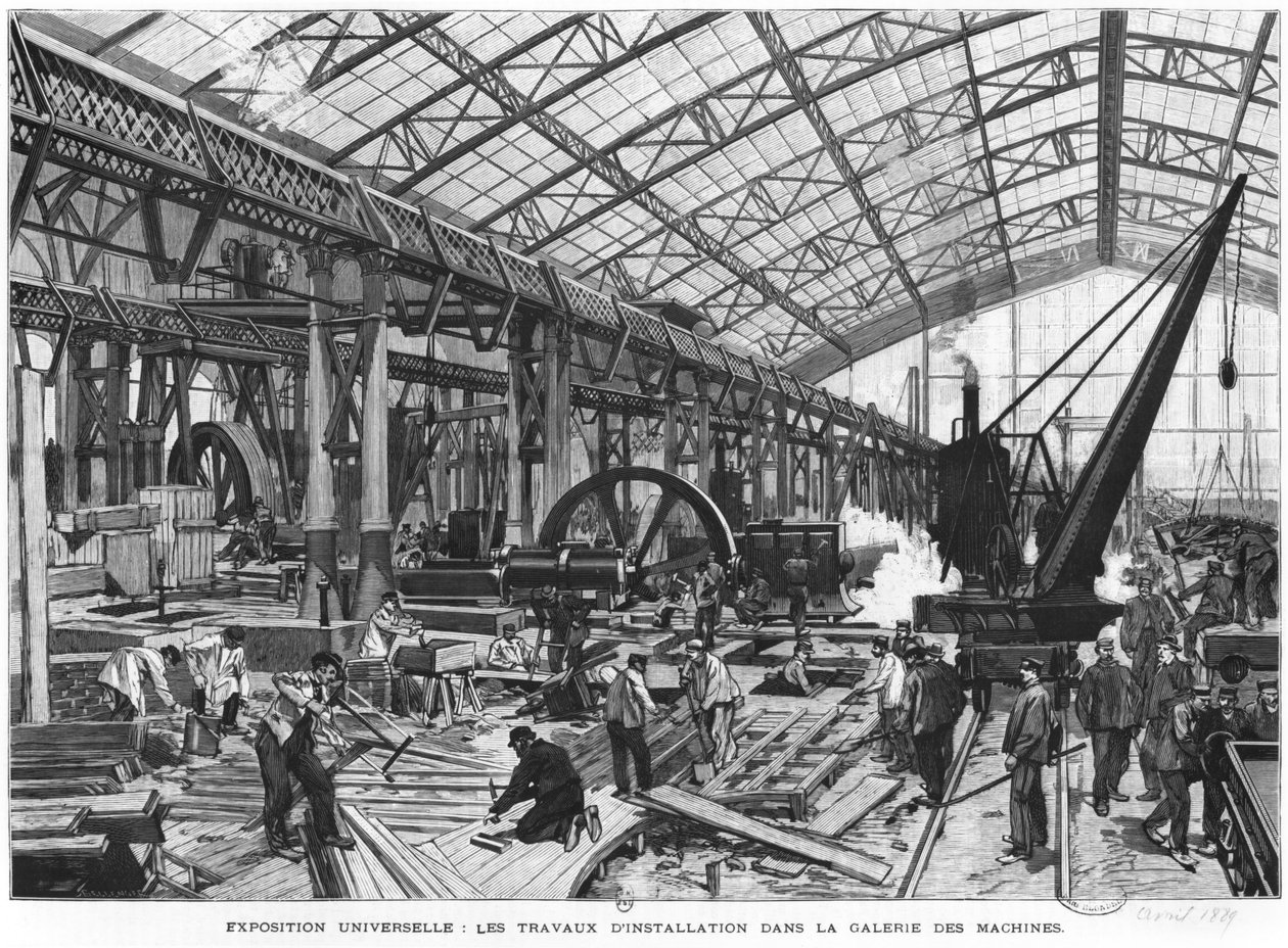 Byggepladsen for Galerie des Machines på verdensudstillingen i 1889, Paris, april 1889 af French School