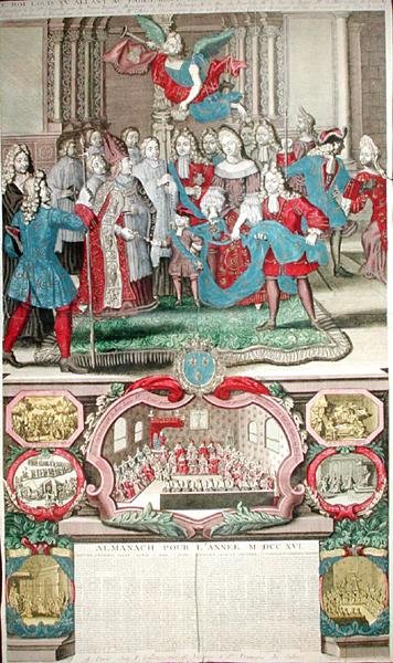 Kalender for 1716 forestillende Ludvig XV (1710-74) med hans parlament, 12. september 1715, 1716 af French School