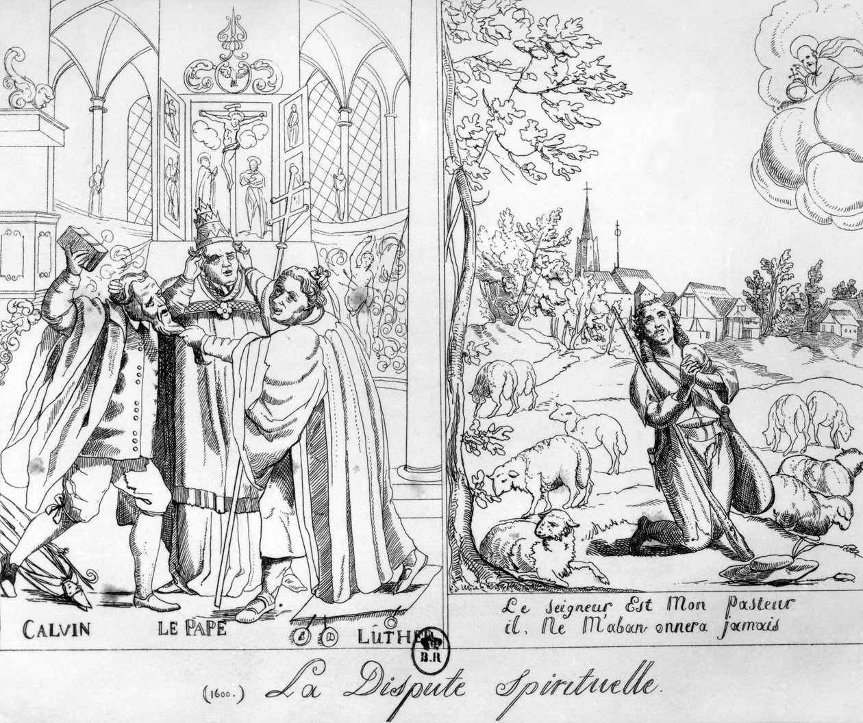 Karikatur der skildrer en åndelig strid mellem pave Leo X (1476-1521) Martin Luther (1483-1546) og Johannes Calvin (1509-64) 1838 af French School
