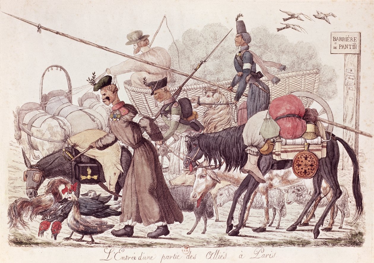 Karikatur der skildrer en del af de allierede troppers indtog i Paris, 1814 (farvet radering) af French School