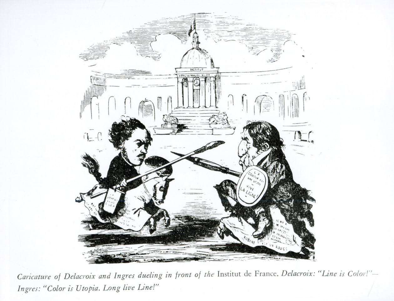 Karikatur af Delacroix og Ingres, der duellerer foran Institut de France, ca. 1828 af French School