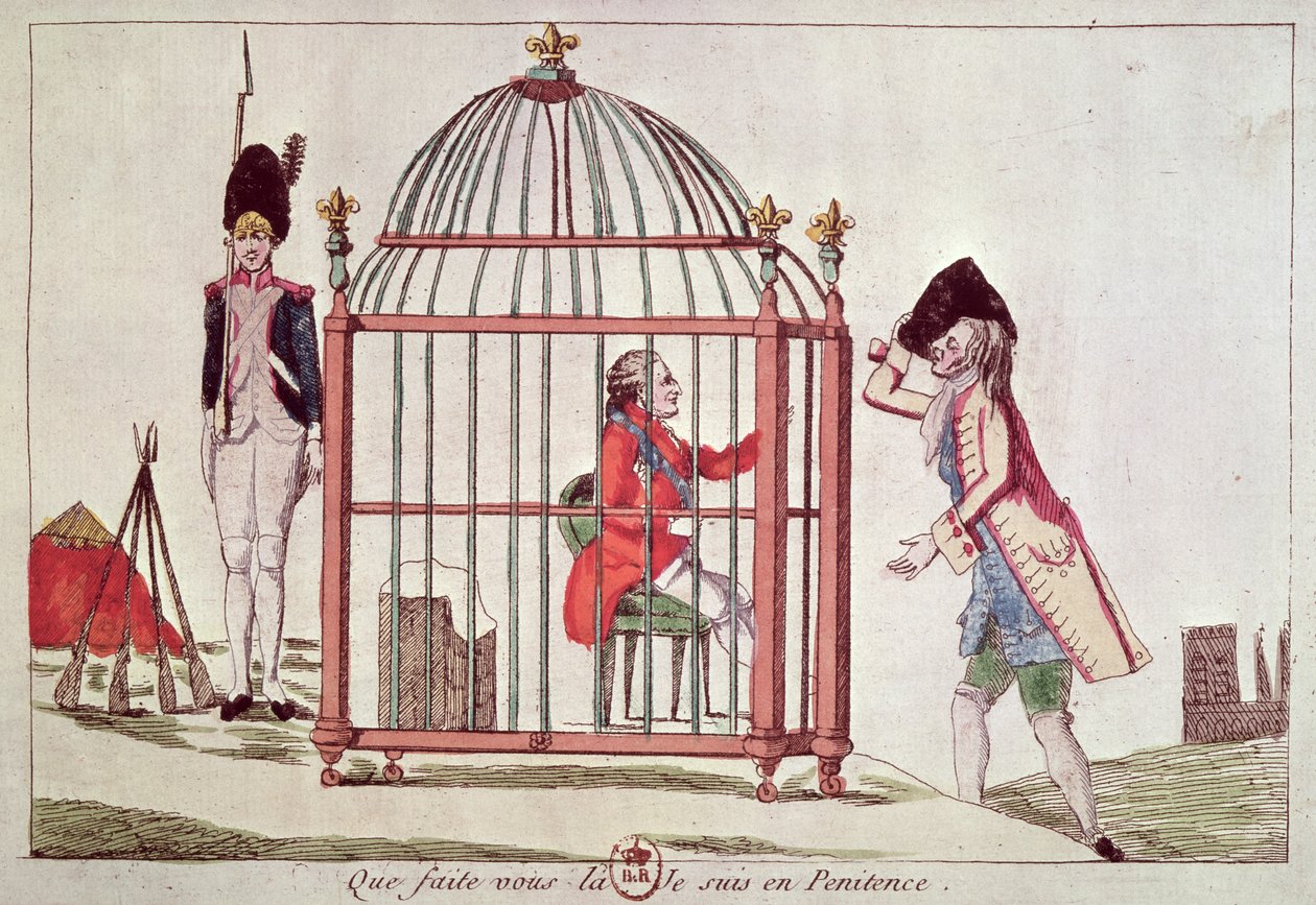 Karikatur af Louis XVI (1754-93) i et bur efter hans arrestation i Varennes, 1791 af French School