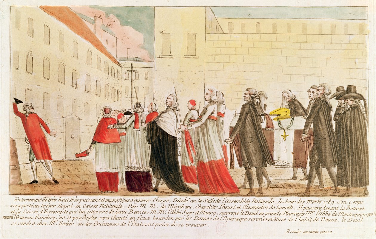 Karikatur af præsteskabets begravelse efter nationaliseringen af kirkens ejendom, 1789 (pen og blæk og wc på papir) af French School