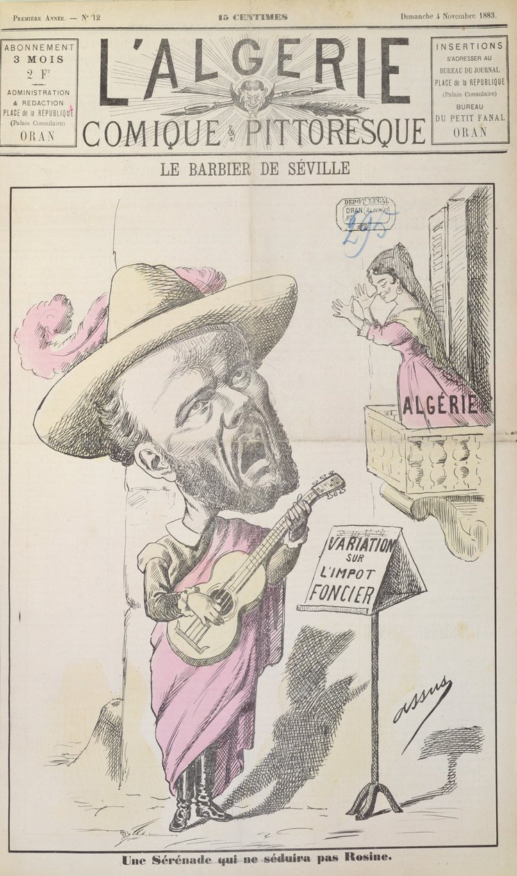 Tegneserie, der skildrer Frankrig, der forsøger at forføre Algeriet om emnet stempelafgift, forside af LAlgerie comique et pittoresque, Oran, søndag den 4. november 1883 af French School