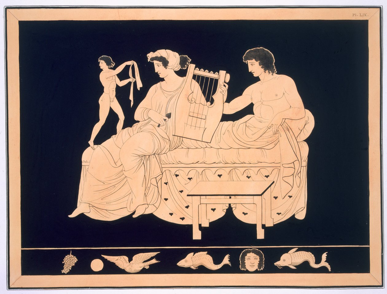 Par slapper af med en lyre, udgivet 1808-10 88:illustration fra en indbinding af Peintures de Vases Antiques Vulgairement Appeles Etrusques af Aubian Louis Millin de Grandmaison, med I af French School