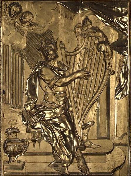 David spiller på harpe, detalje fra orgelhuset i kapellet (forgyldt træ) af French School