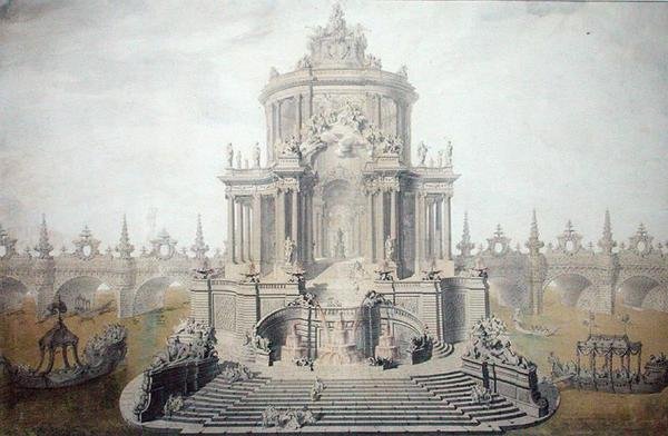 Dekorationsdesign til fejringen af Dauphin Louis af Frankrigs ægteskab (1729-65) 1745 (wc & gouache på papir) af French School