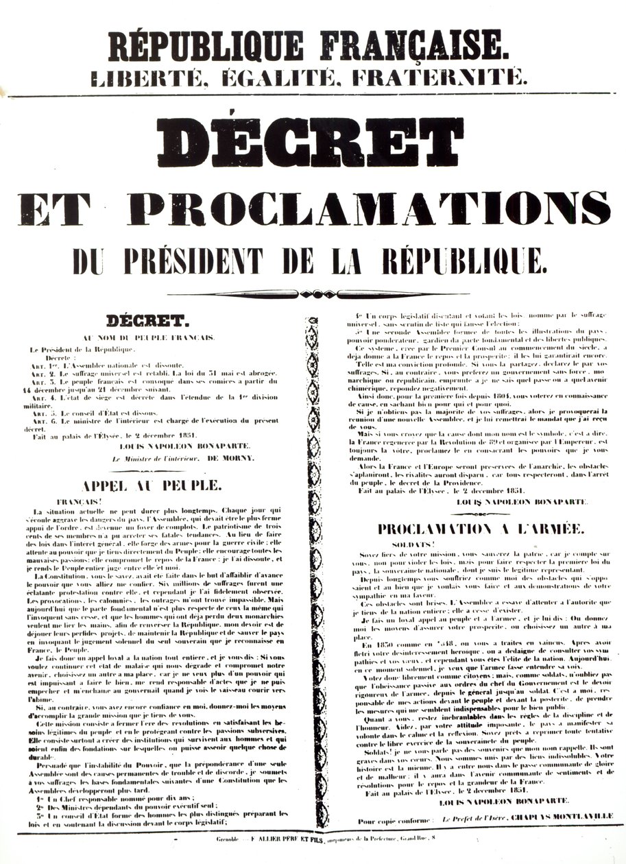 Dekret og proklamation af Louis Napoleon Bonaparte III (1808-73), republikkens præsident, 2. december 1851 af French School