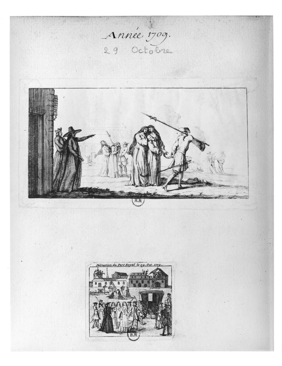 Ødelæggelse af Port-Royal des Champs og arrestation af nonnerne den 29. oktober 1709 (gravering) (bw foto) af French School