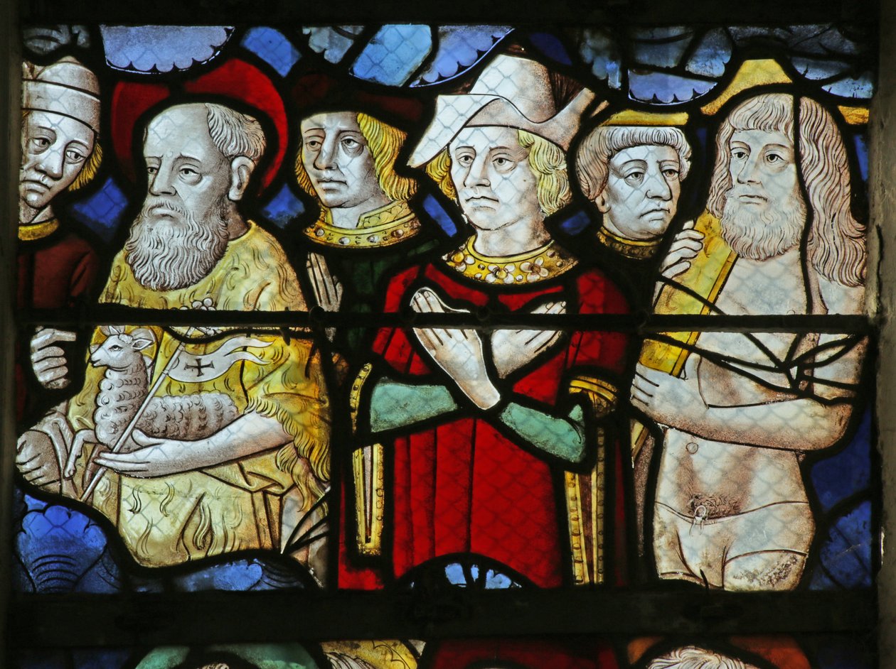 Detalje af vinduet, der forestiller mennesker ved Kristi andet komme, 1470-1500 (detalje af 2921838) af French School