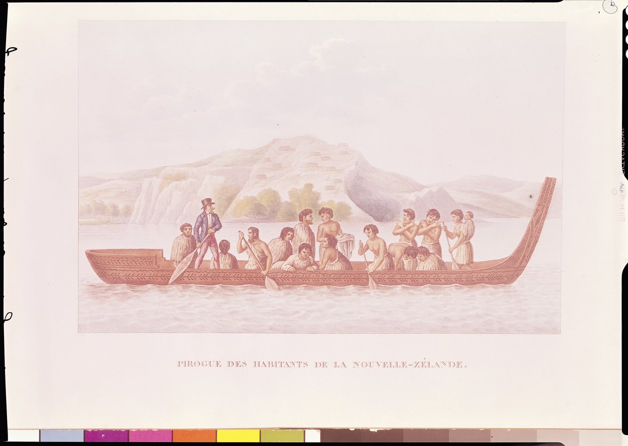 Dugout kano styret af indfødte i New Zealand, illustration fra 