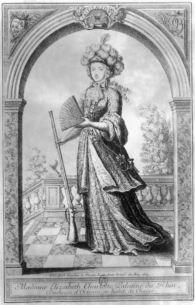 Elizabeth Charlotte af Pfalz, hertuginde af Orleans, i jagtdragt, 1689 af French School