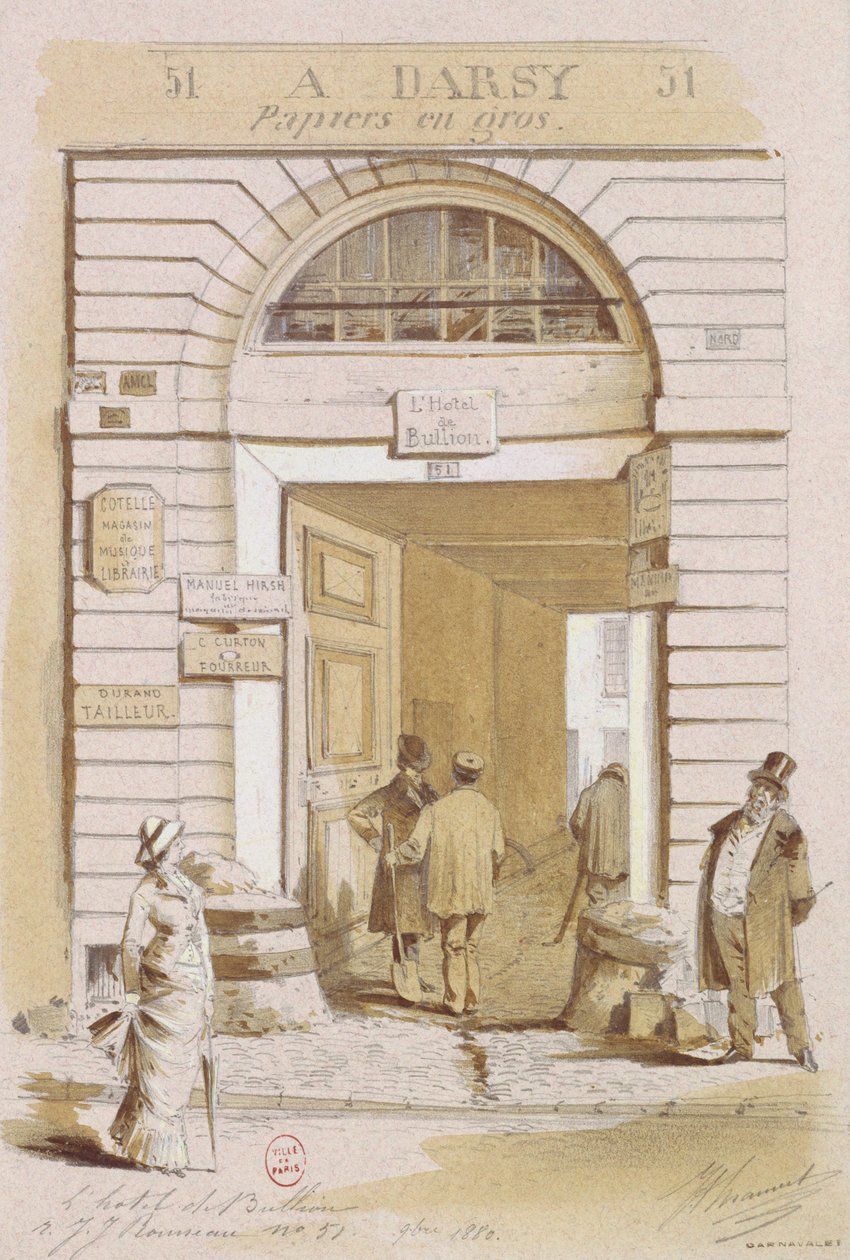 Indgang til Hotel Bullion, 57 rue Jean-Jacques Rousseau, Paris, 1880 (wc på papir) af French School
