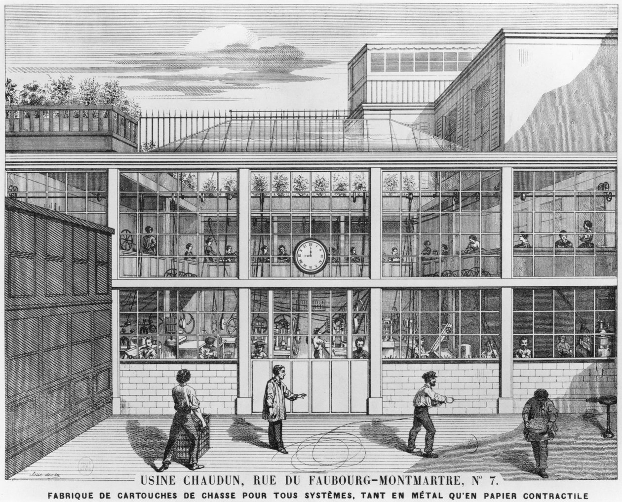Fabrik til haglpatroner, Usine Chaudun, rue du Faubourg Montmartre 7, Paris, indgraveret af Luc (1800-tallet) af French School