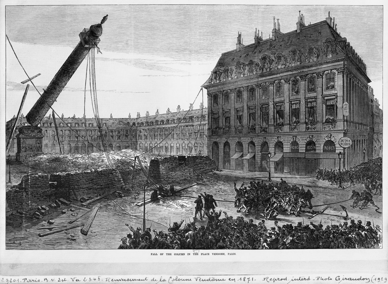 Søjlens fald på Place Vendome, Paris, 1871 af French School