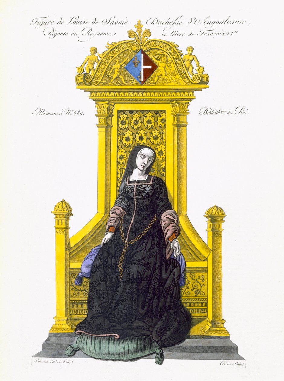 Figur af Louise de Savoie (farveakvatint) af French School