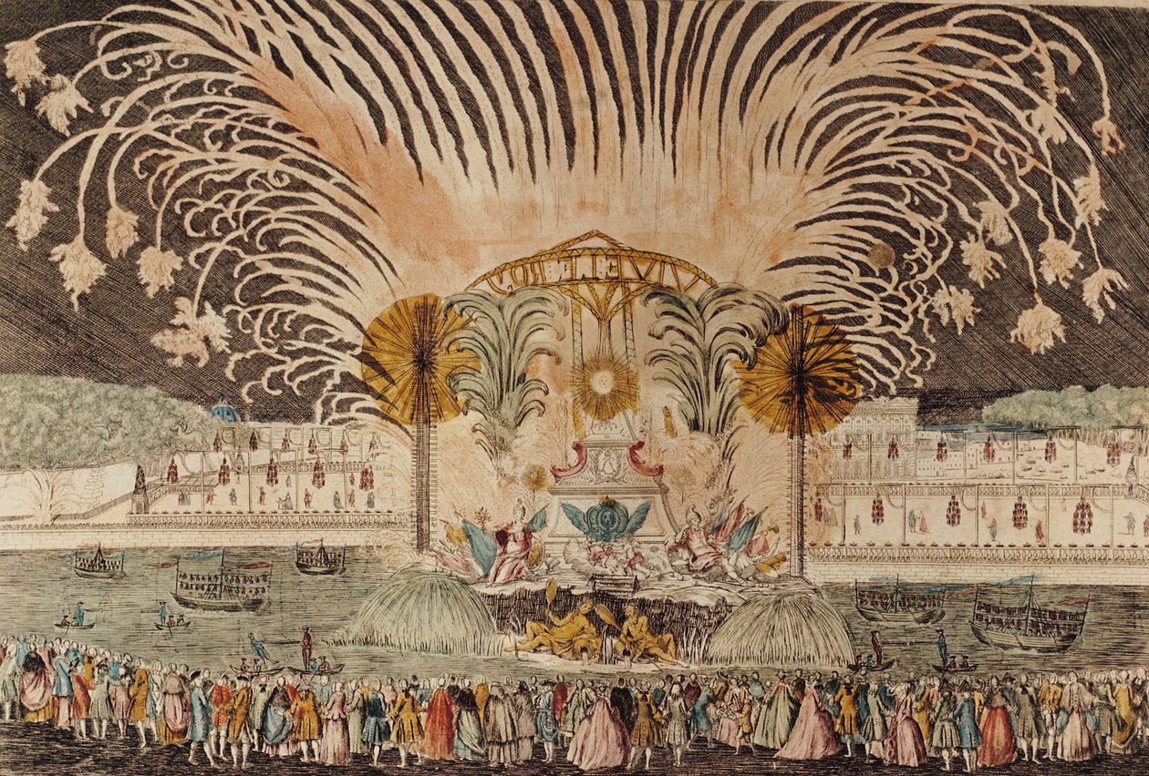 Fyrværkeri på Louis XV-pladsen i anledning af indvielsen af kongens rytterstatue, 20. juni 1763 (se også 265480) af French School