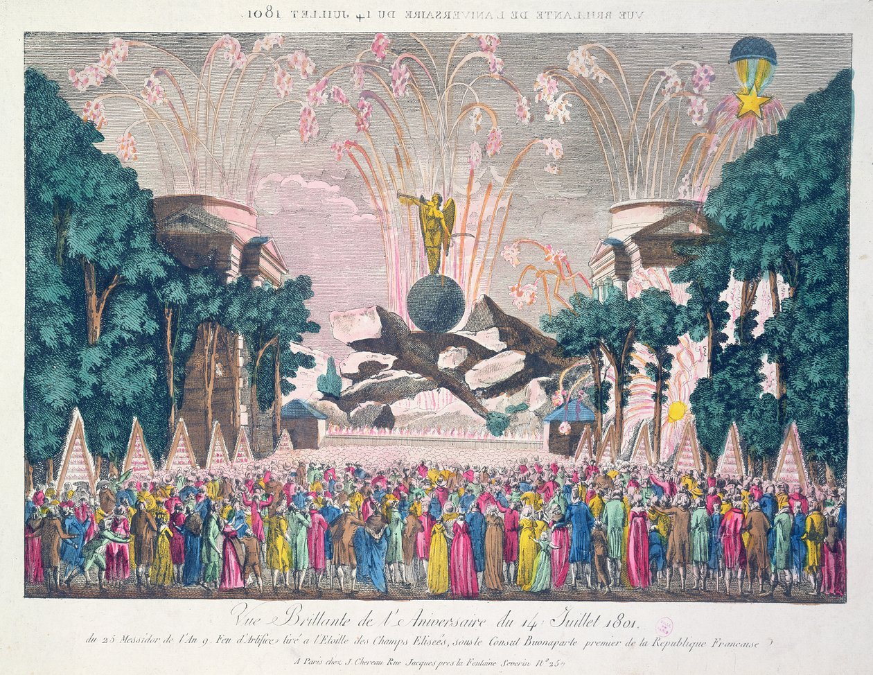 Fyrværkeri på Etoile, Champs-Elysees, Paris, for at fejre årsdagen for den 14. juli 1801 af French School