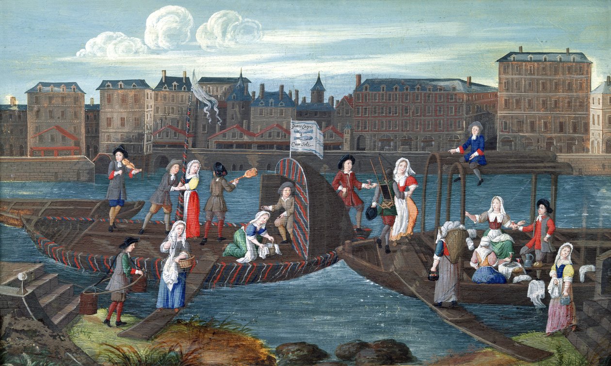 Fiskebutik og vaskeribåd ved Quai de la Megisserie, ca. 1670 af French School