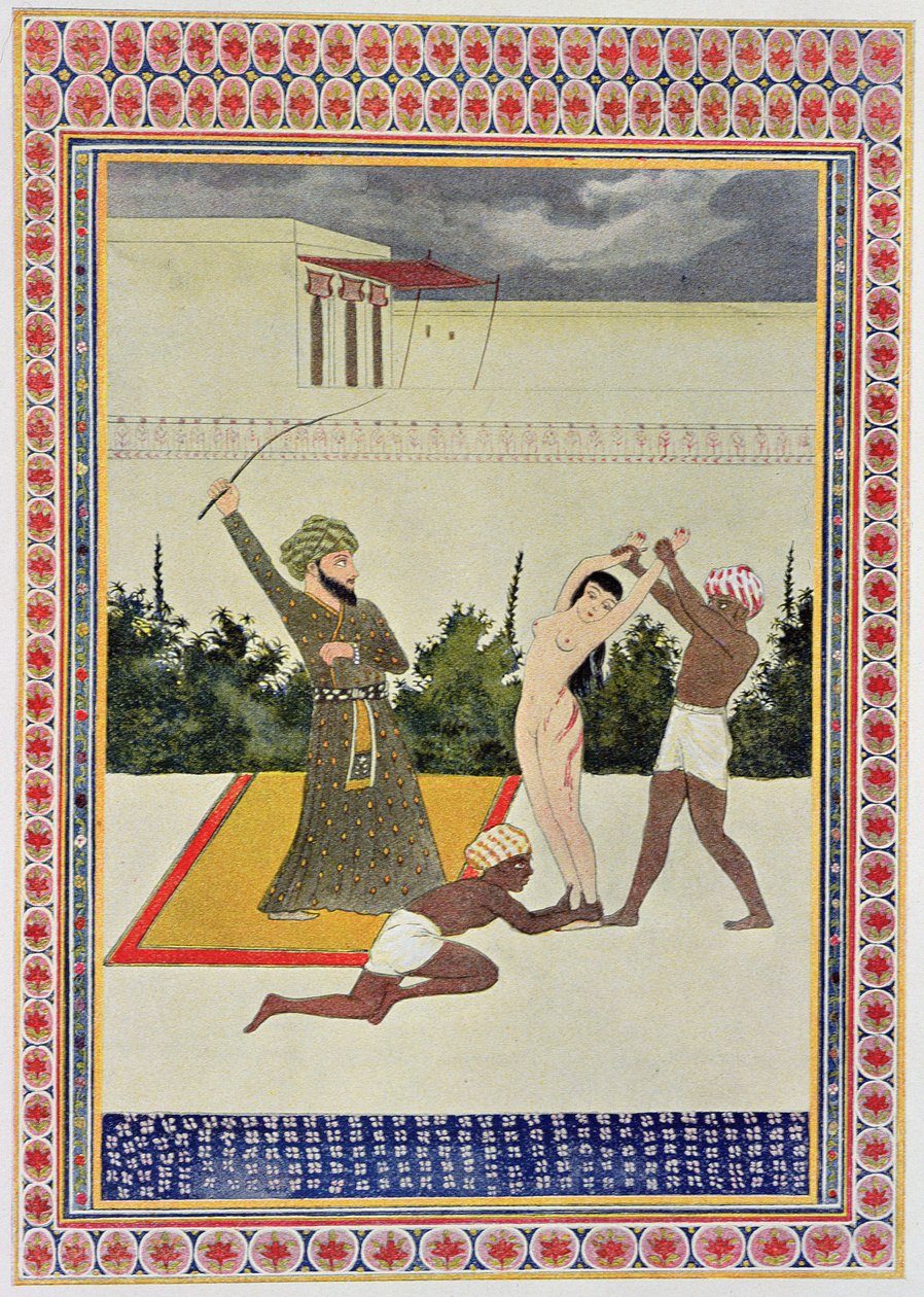 Flagelering, illustration fra The Arabian Nights, 1895 (farvegravering) af French School