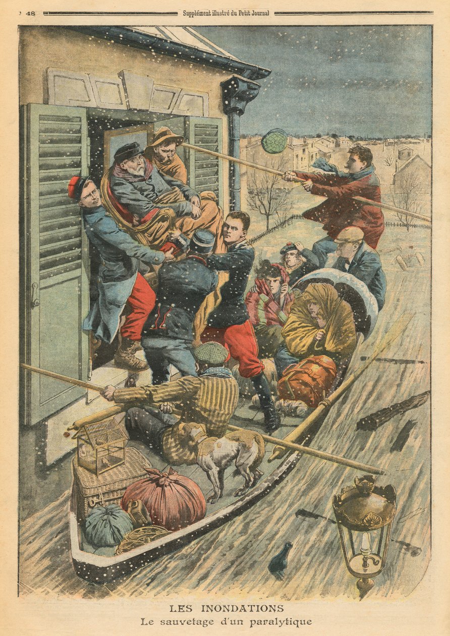 Oversvømmelser, redning af en lammet, illustration fra 