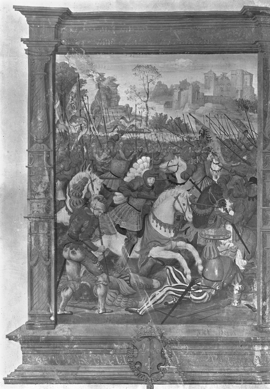 Fol.1 Francois I (1494-1547) angreb ved slaget ved Marignan, 14. september 1515 af French School