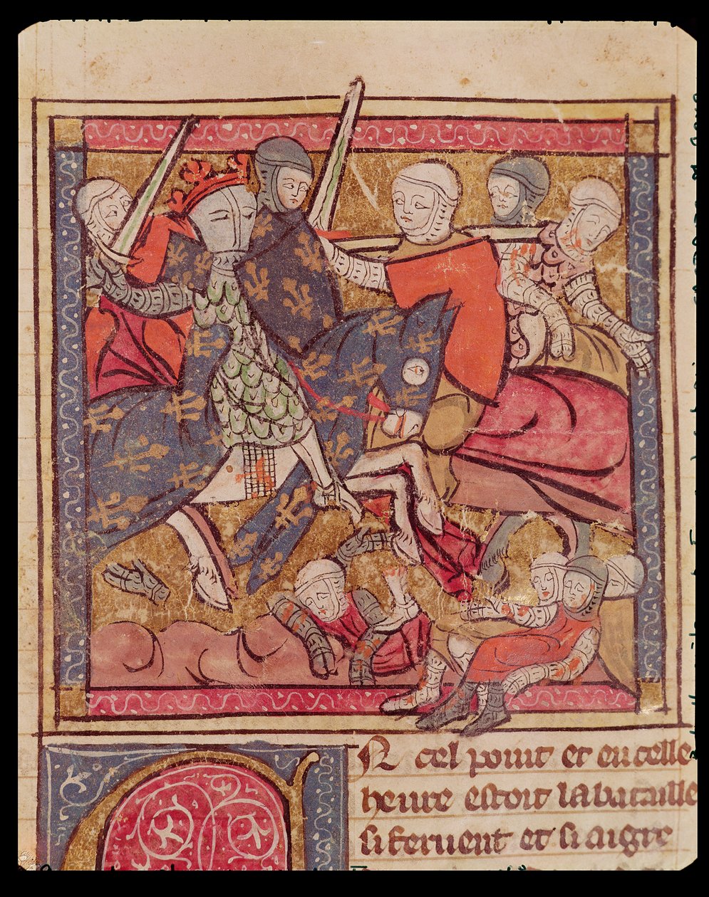 Fol.285r Tilfangetagelsen af Ferdinand af Portugal (1186-1233) Greve af Flandern i slaget ved Bouvines, 27. juli 1214, fra Grandes Chroniques de France, 1375-79 af French School