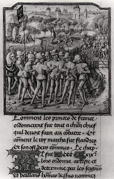 Fol.311 Krigsrådet for Philippe den Dristige, hertug af Bourgogne, Jean de France, hertug af Berry og Louis II, hertug af Bourbon i Senlis, fra Froissarts Chronicle, c.1472 af French School