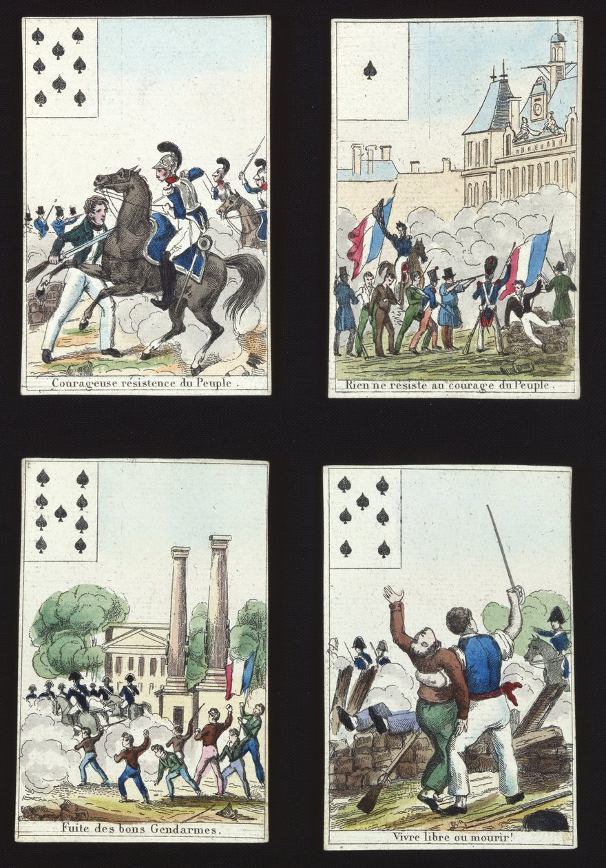 Fire kort fra en pakke illustreret med propagandascener fra 1830-revolutionen, Paris, 1831 af French School