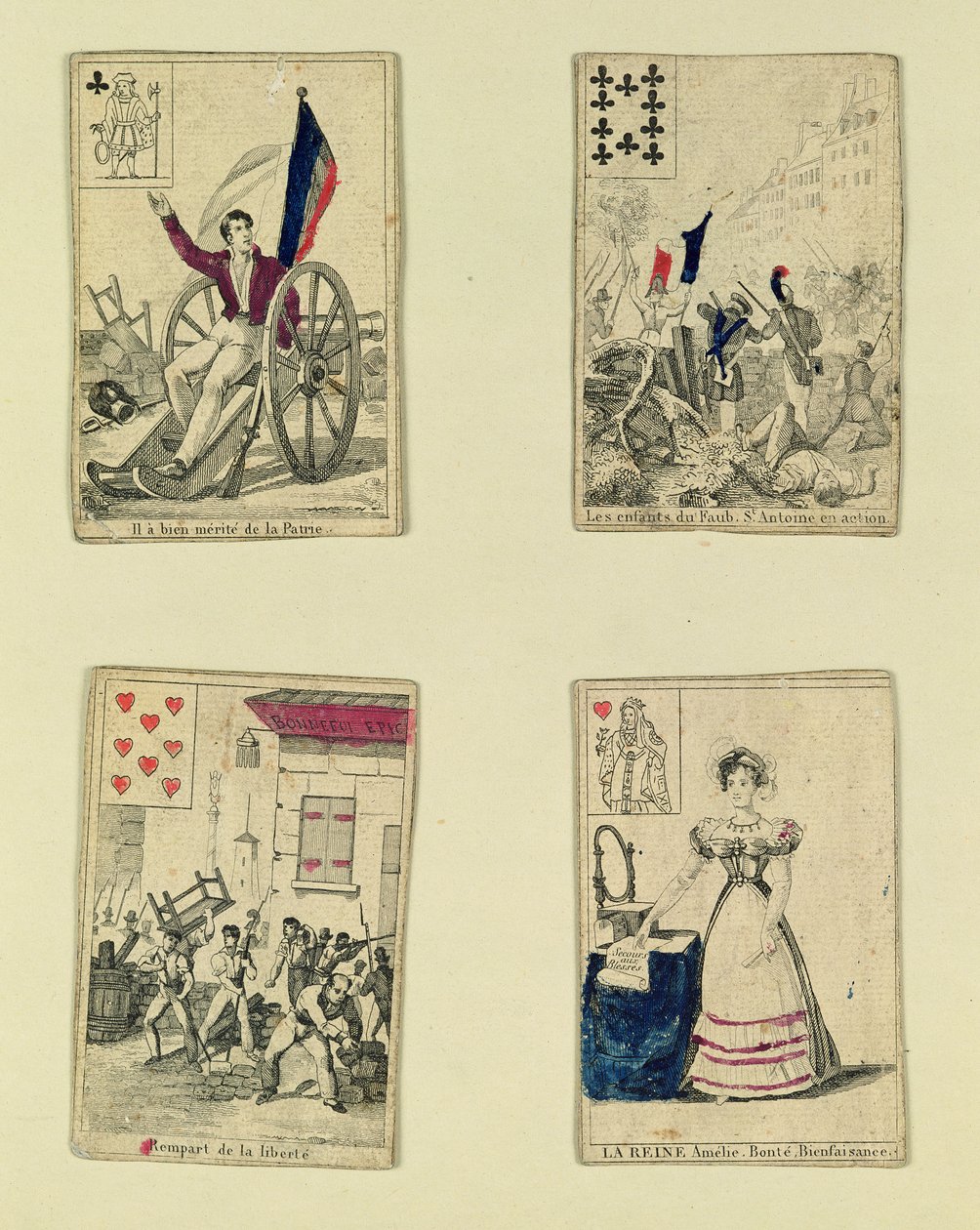Fire spillekort til minde om heltene fra juli 1830, 1831 af French School