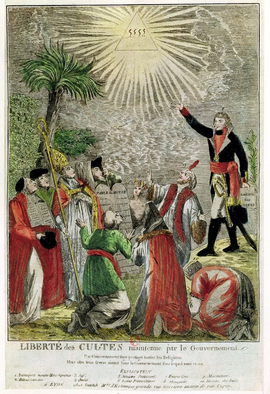 Frihed til tilbedelse i perioden med Napoleons konsulskab, der viser Napoleon pegende mod det Højeste Væsen, 1799 (farvestik) af French School