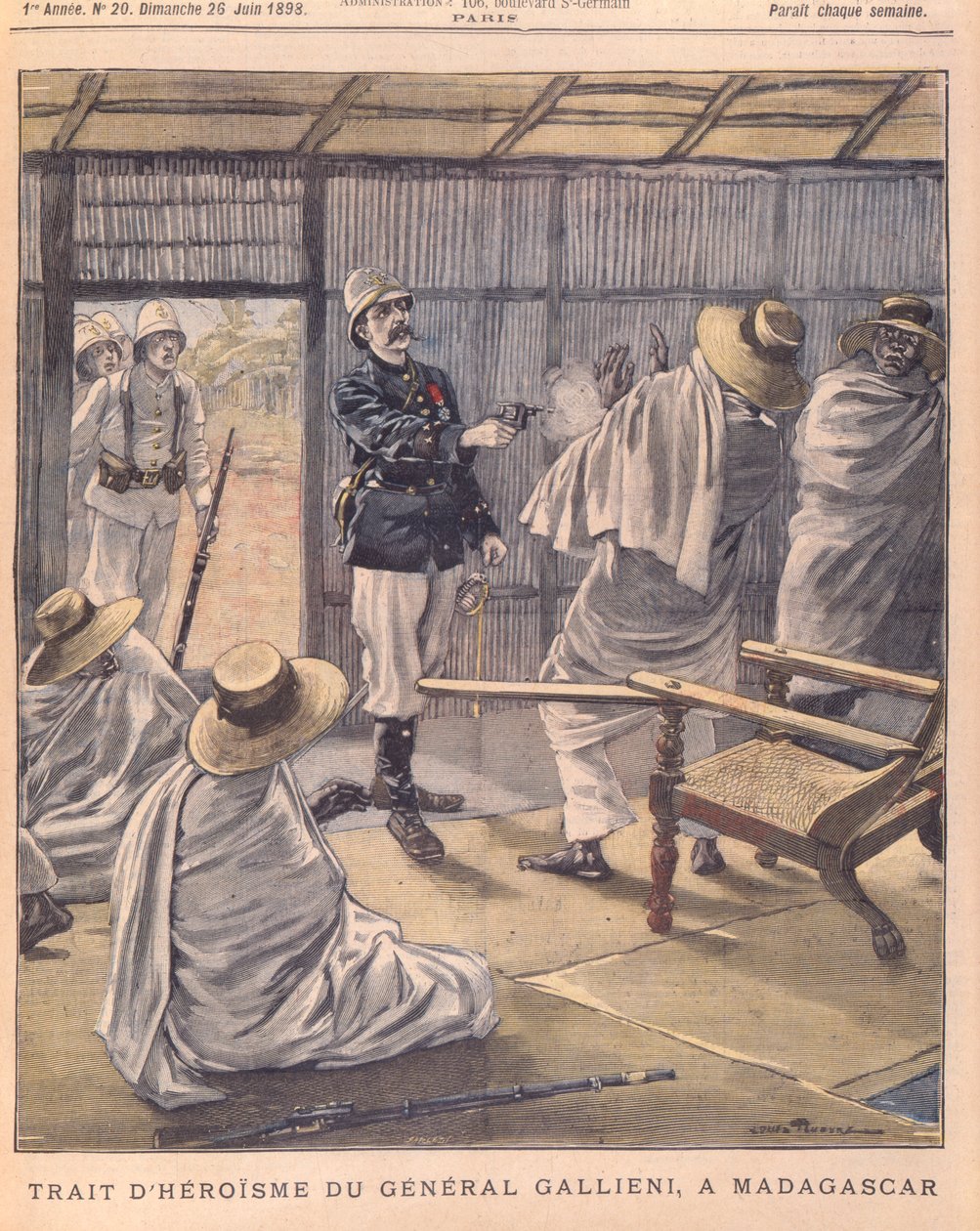 General Gallienis heltedåd i Madagaskar, forside af Le Petit Journal, 26. juni 1898 af French School