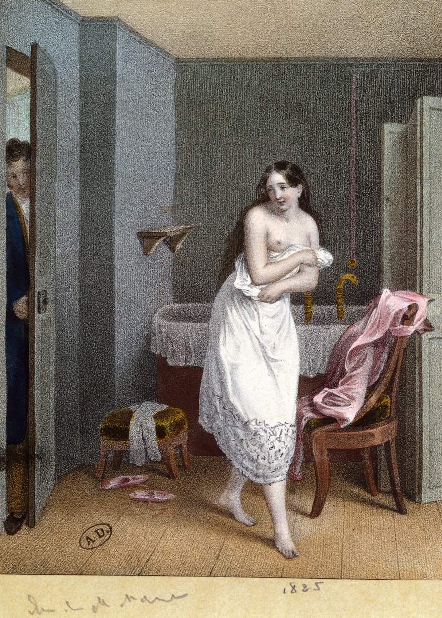 Pige i et badeværelse og mand åbner døren, 1825 af French School