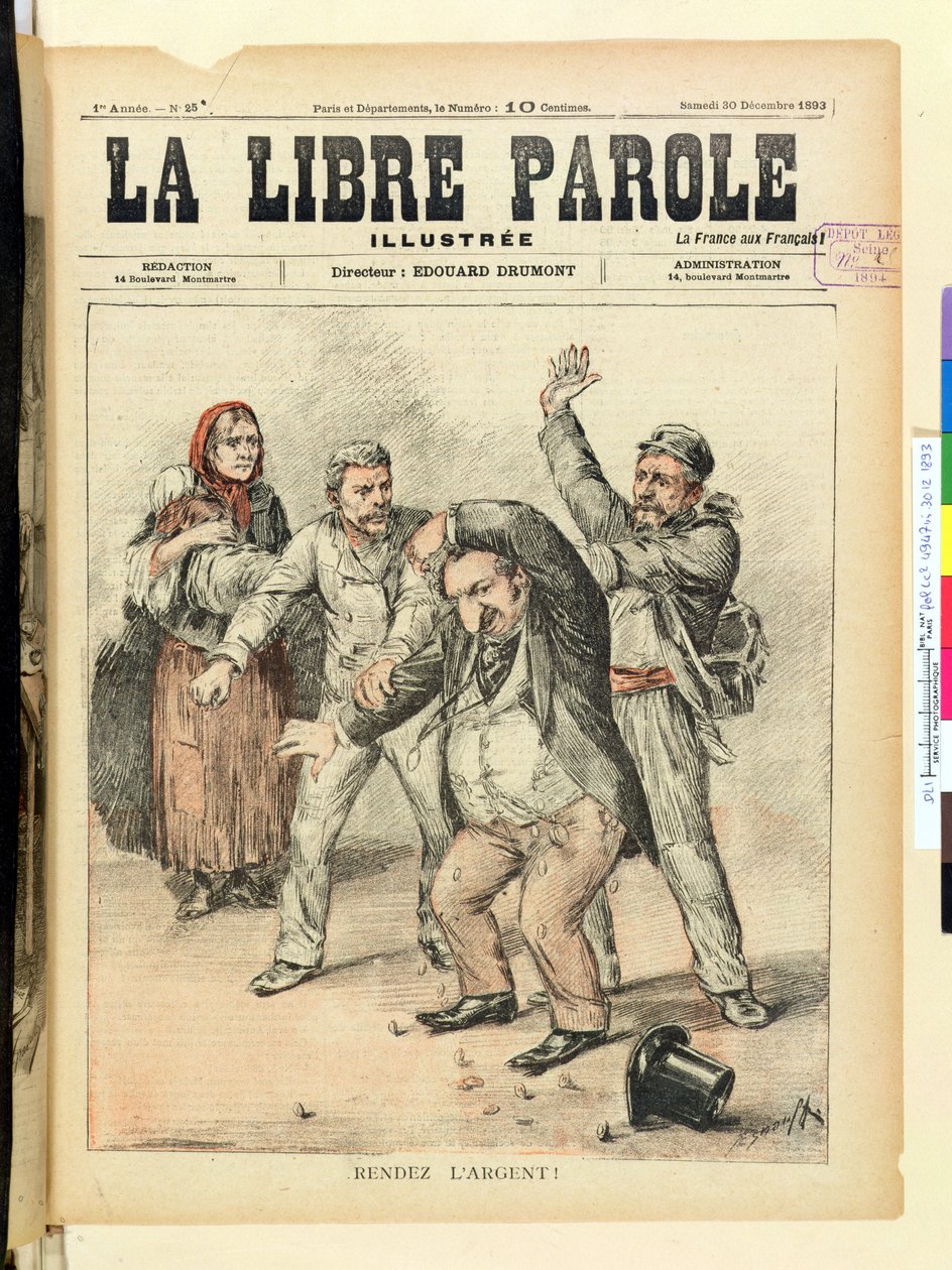 Giv pengene tilbage!, forside af magasinet La Libre Parole, 30. december 1893 af French School