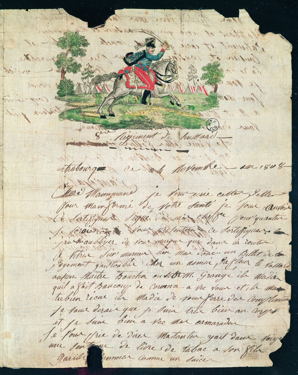 Illustreret brev fra en husar fra 8. regiment til sin mor, 14. november 1808 (pen og blæk og wc på papir) af French School