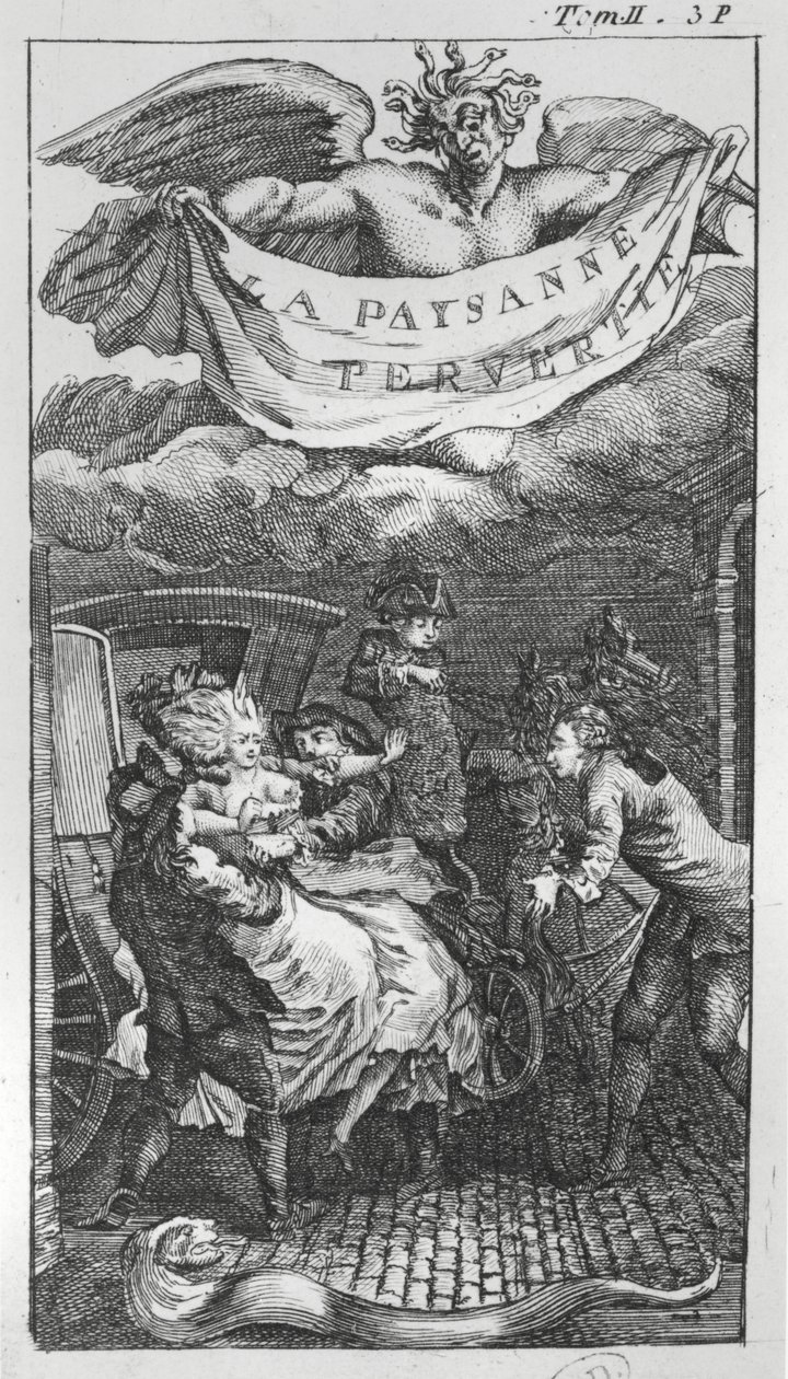 Illustration fra "La Paysanne Pervertie", af Nicolas Restif de la Bretonne (1734-1806) af French School