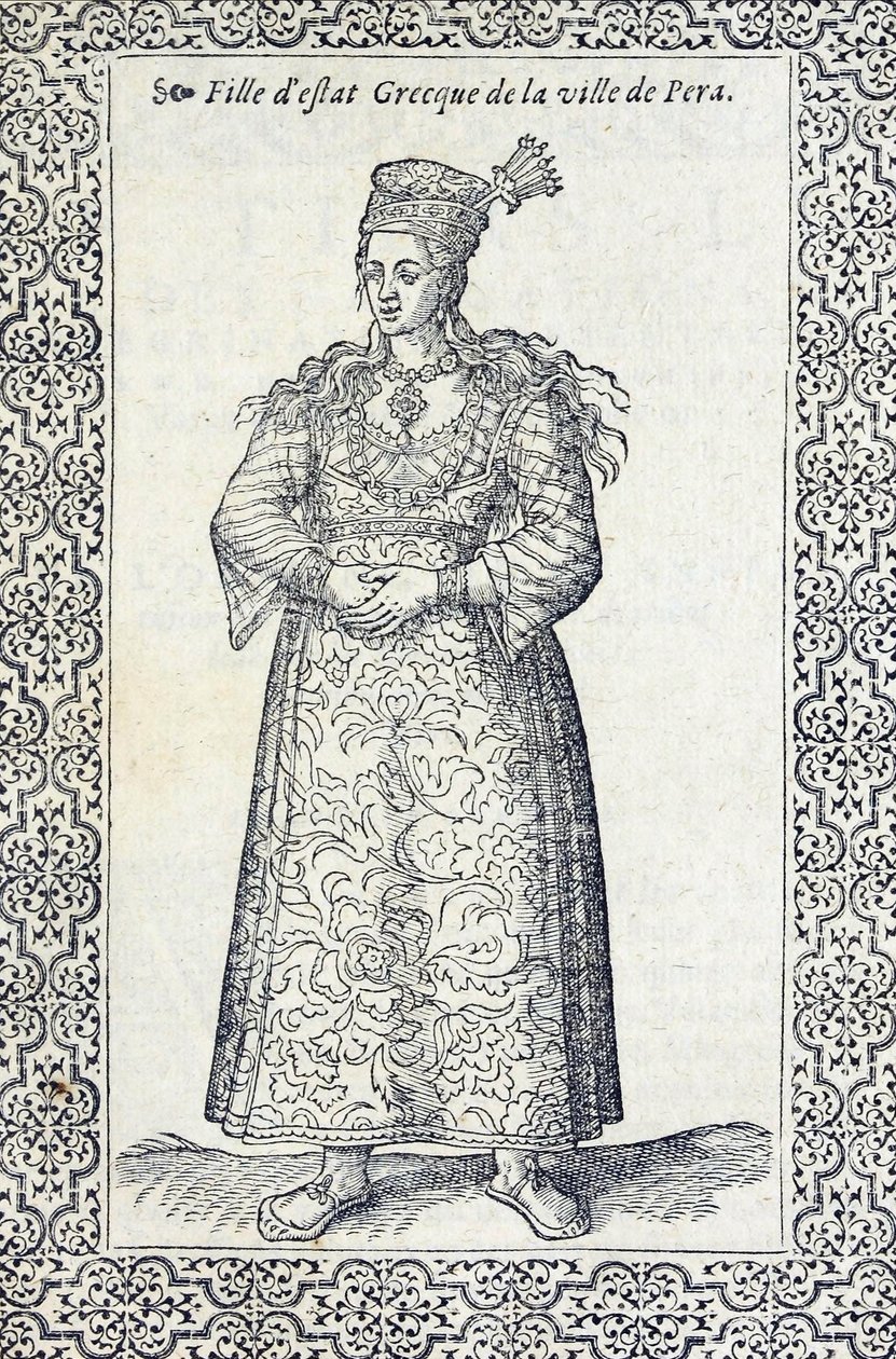 Illustration af en græsk pige fra Pera, fra Les navigations, peregrinations et voyages, faicts en la Tyrkiet, af Nicolas de Nicolay, før 1576 af French School