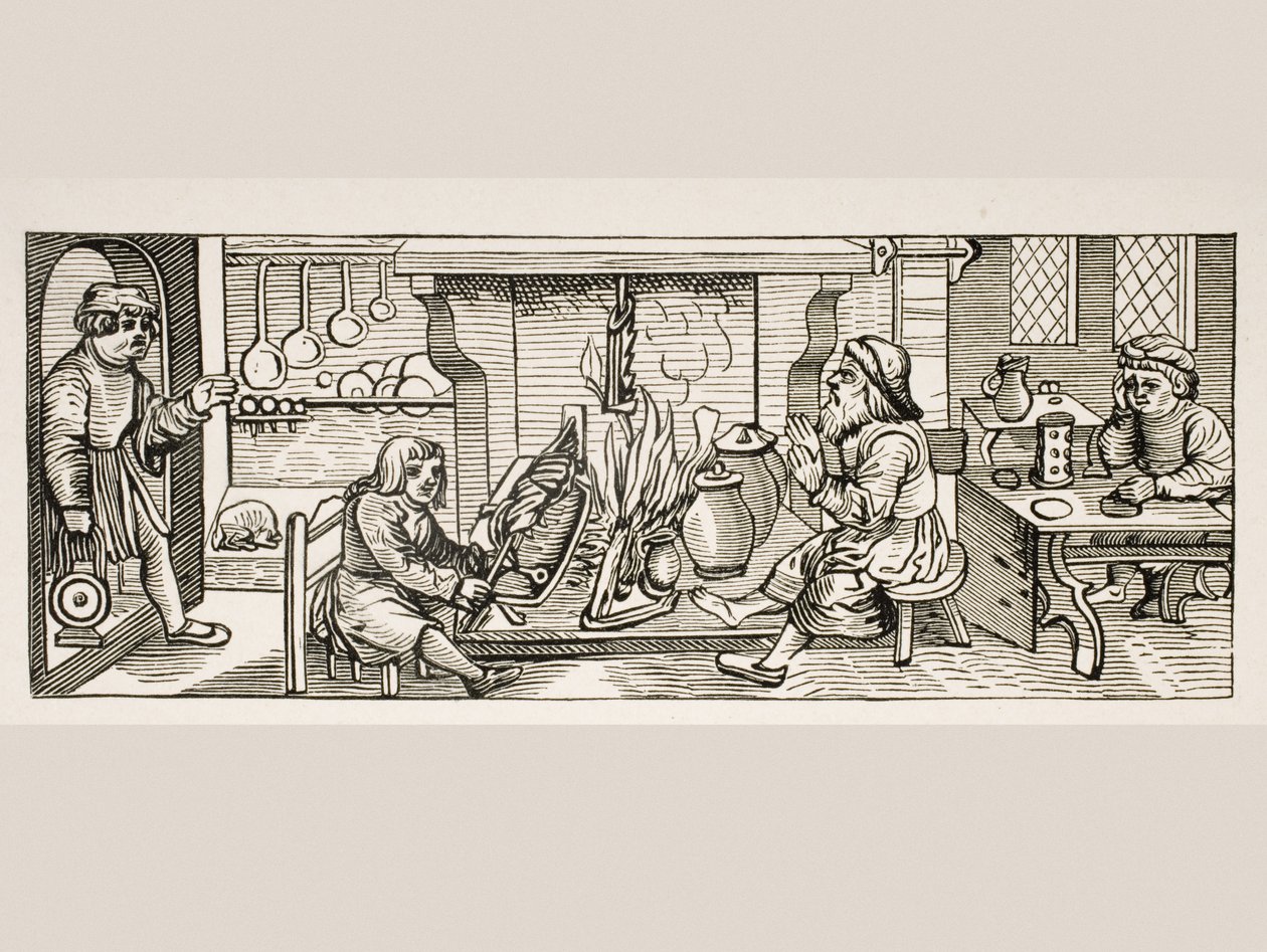 Interiør i et køkken, efter et træsnit i Calendarium Romanum af Jean Staeffler, trykt Tubingen, Tyskland, 1518, fra Le Moyen Age et La Renaissance af Paul Lacroix (1806-84) udgivet 1847 af French School
