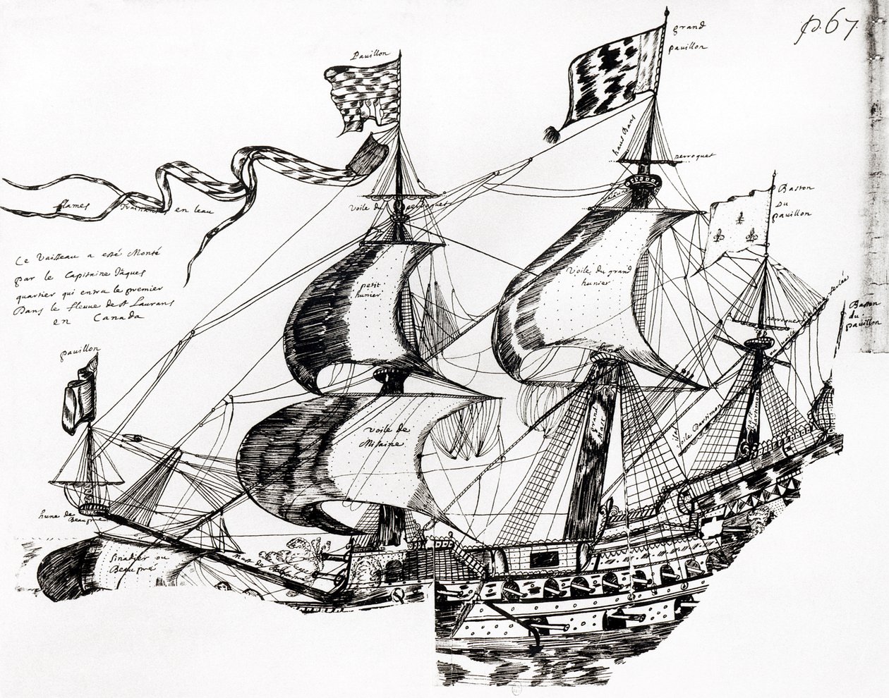 Jacques Cartiers skib, fra "Rarete des Indes sauvages", Codex canadiensis (pen og blæk på papir) af French School