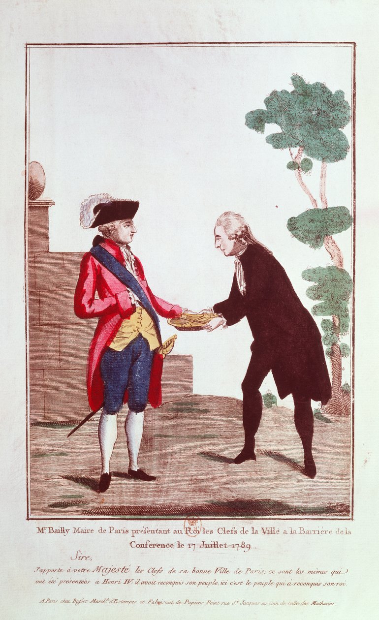 Jean Sylvain Bailly (1736-93) overrækker Louis XVI (1754-93) nøglerne til byen Paris, 17. juli 1789 af French School