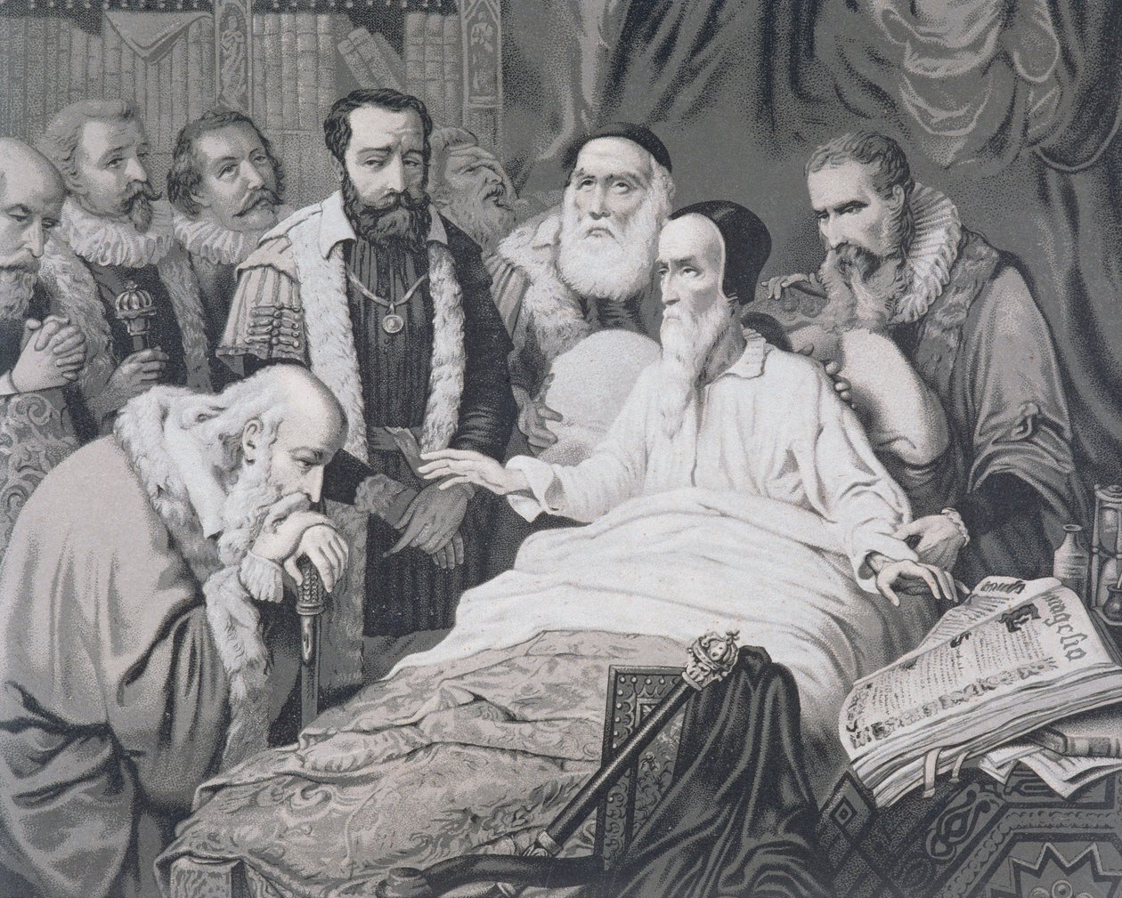 John Calvin (1509-1564) på sit dødsleje af French School